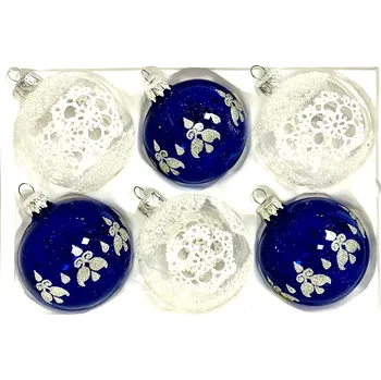 Vánoční ozdoba Irisa Skleněné vánoční ozdoby „Královská krajka“, 7 cm, modro-čiré se stříbrným zdobením – sada 6 ks Velikost: 7 cm, Balení: 6ks, Barva: modrá;čirá