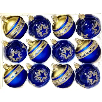 Vánoční ozdoba Irisa Skleněné vánoční ozdoby „Královská hvězda“, 7 cm, modro-zlaté se zlatými motivy – sada 12 ks Velikost: 7 cm, Balení: 12ks, Barva: modrá