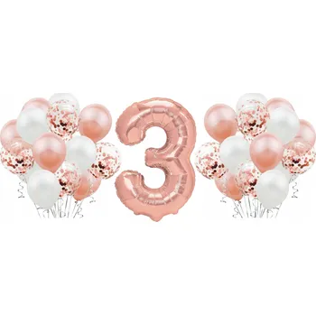 Balónek Sada ROSE GOLD na 3. narozeniny, výročí, svatbu – RŮŽOVÉ ZLATO – balónky, konfety