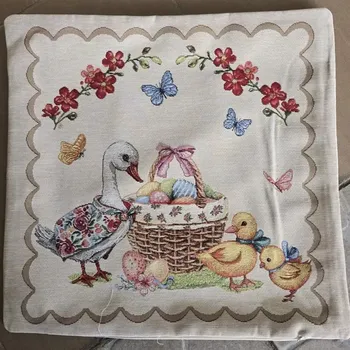 Povlak na dekorativní polštářek GOBELÍNOVÝ POVLAK - velikonoční Husička a kuřátka