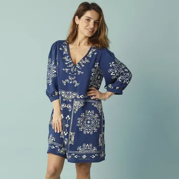 Dámské šaty Rozšířené šaty s dvoubarevným potiskem, pro menší postavu indigo 38