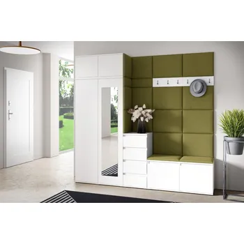 Předsíňová stěna Eka Předsíňová stěna s čalouněnými panely Trinity 33 - Bílá / Khaki zelená 2327