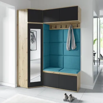 Předsíňová stěna Eka Předsíňová stěna s čalouněnými panely Trinity 38 - Dub Artisan s černou / Azurová 2313