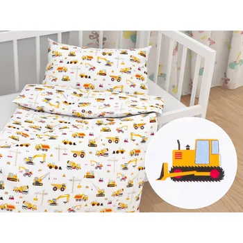 Povlečení Dětské bavlněné povlečení do postýlky Sandra SA-081 Nákladní auta a bagry na bílém Do postýlky 90x120 a 40x60 cm