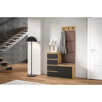 Předsíňová stěna Eka Předsíňová stěna s čalouněnými panely Trinity 36 - Dub Artisan s černou / Světlá hnědá 2306