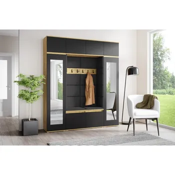 Předsíňová stěna Eka Předsíňová stěna s čalouněnými panely Trinity 32 - Dub Artisan s černou / Tmavá šedá 2315