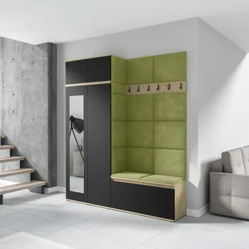 Předsíňová stěna Eka Předsíňová stěna s čalouněnými panely Trinity 19 - Dub Artisan s černou / Olivová 2312