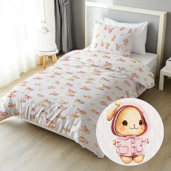 Povlečení Dětské bavlněné ložní povlečení Sandra SA-538 Růžoví zajíčci a ptáčci na bílém Jednolůžko 140x200 a 70x90 cm