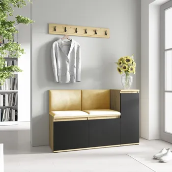 Předsíňová stěna Eka Předsíňová stěna s čalouněnými panely Trinity 25 - Dub Artisan s černou / Žlutá 2318