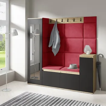 Předsíňová stěna Eka Předsíňová stěna s čalouněnými panely Trinity 28 - Dub Artisan s černou / Rubínová 2324