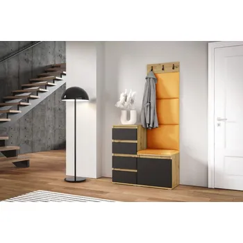 Předsíňová stěna Eka Předsíňová stěna s čalouněnými panely Trinity 36 - Dub Artisan s černou / Hořčicová 2326