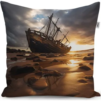 Polštář Sablio Polštář Vrak lodi při západu slunce - 40x40 cm