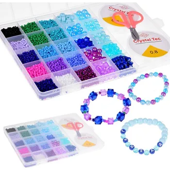 Dětské navlékací korálky Sada korálků Blue Crystal Beads k výrobě náramků 24 barev