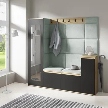 Předsíňová stěna Eka Předsíňová stěna s čalouněnými panely Trinity 28 - Dub Artisan s černou / Světlá zelená 2321