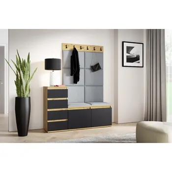 Předsíňová stěna Eka Předsíňová stěna s čalouněnými panely Trinity 34 - Dub Artisan s černou /Šedá 2314