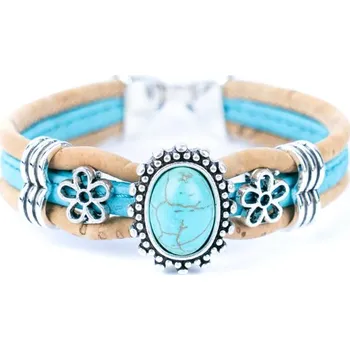 Kabelka Korkový náramek s ozdobou a kytičkami - Tyrkysový