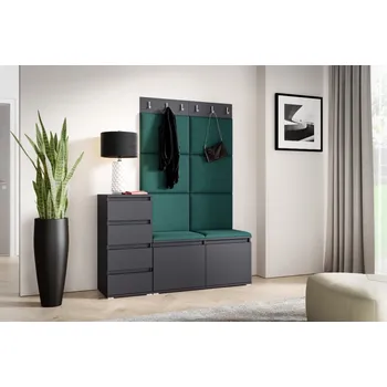 Předsíňová stěna Eka Předsíňová stěna s čalouněnými panely Trinity 34 - Grafit / Tmavá zelená 2328