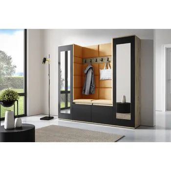 Předsíňová stěna Eka Předsíňová stěna s čalouněnými panely Trinity 31 - Dub Artisan s černou / Hořčicová 2326