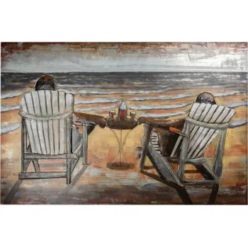 Kovový obraz na zeď s reliéfem sklenka při západu slunce na pláži – 120x80 cm + doprava zdarma