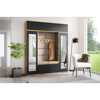 Předsíňová stěna Eka Předsíňová stěna s čalouněnými panely Trinity 32 - Dub Artisan s černou / Tmavá béžová 2305