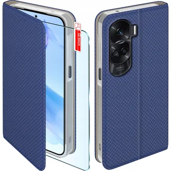 Pouzdro na mobilní telefon Flipové pouzdro pro Honor 90 Lite 5G Uzavíratelné Tmavě modré Obal + Sklo 9H