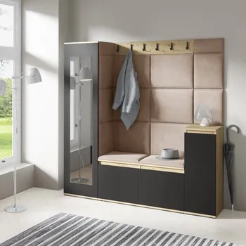 Předsíňová stěna Eka Předsíňová stěna s čalouněnými panely Trinity 28 - Dub Artisan s černou / Béžová 2304