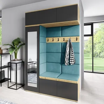 Předsíňová stěna Eka Předsíňová stěna s čalouněnými panely Trinity 21 - Dub Artisan s černou / Azurová 2313