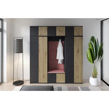 Předsíňová stěna Eka Předsíňová stěna s čalouněnými panely Joey 4 - Černá a Dub Artisan / Tmavá růžová 2323