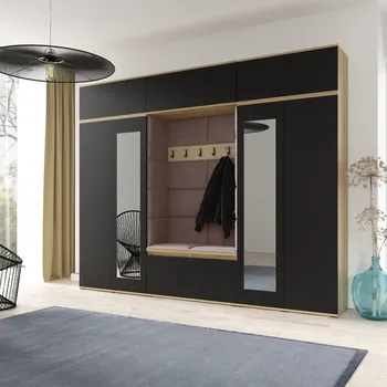 Předsíňová stěna Eka Předsíňová stěna s čalouněnými panely Trinity 17 - Dub Artisan s černou / Světlá hnědá 2306