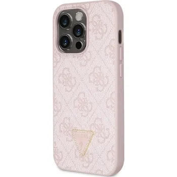 Pouzdro na mobilní telefon Guess PU 4G Strass Triangle Metal Logo Zadní Kryt pro iPhone 15 Pro Růžový Prémiový kryt je vyroben z pružného a pevného PU materiálu, který poskytuje dokonalou ochranu před poškrábáním, otřesy, prac