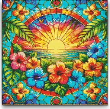 Diamantové malování Diamantové malování - Západ slunce z vitráže Velikost: 50x50cm, Rámování: Pouze srolované plátno, Diamanty: Čtvercové