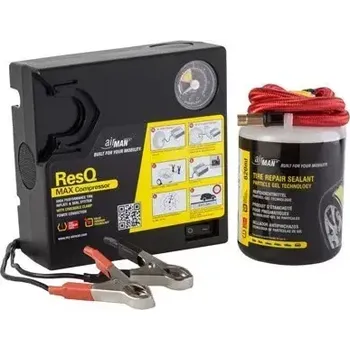 Sada na opravu pneumatiky AIRMAN TRK RESQ MAX COMPRESSOR (Kompresor Airman TRK ResQ MAX – výkonný 12 V kompresor s integrovanou těsnicí náplní 450 ml. Vhodný pro osobní vozy, SUV i dodávky. Automatické huštění a oprava defektu bez demontáže kola. Ideální pomocník pro bezpečné a)