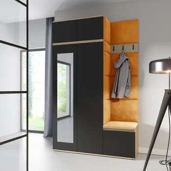 Předsíňová stěna Eka Předsíňová stěna s čalouněnými panely Trinity 20 - Dub Artisan s černou / Hořčicová 2326