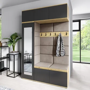 Předsíňová stěna Eka Předsíňová stěna s čalouněnými panely Trinity 21 - Dub Artisan s černou / Světlá béžová 2303