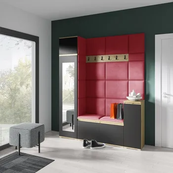 Předsíňová stěna Eka Předsíňová stěna s čalouněnými panely Trinity 29 - Dub Artisan s černou / Červená 2309