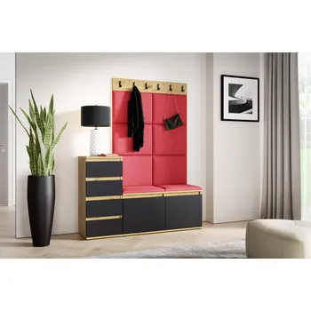 Předsíňová stěna Eka Předsíňová stěna s čalouněnými panely Trinity 34 - Dub Artisan s černou /Červená 2309