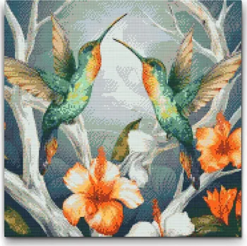 Diamantové malování Diamantové malování - Kolibříci mezi květinami Velikost: 50x50cm, Rámování: Pouze srolované plátno, Diamanty: Kulaté