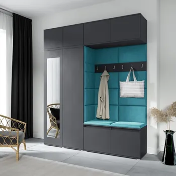 Předsíňová stěna Eka Předsíňová stěna s čalouněnými panely Trinity 16 - Grafit / Azurová 2313