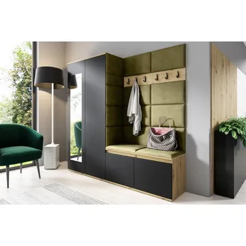 Předsíňová stěna Eka Předsíňová stěna s čalouněnými panely Trinity 8 - Dub Artisan s černou / Khaki zelená 2327