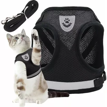 Vodítko pro psa REFLEKTIVNÍ nastavitelný neomezující procházkový postroj pro psy a kočky + vodítko 120 cm - XS ČERNÉ