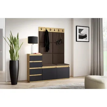 Předsíňová stěna Eka Předsíňová stěna s čalouněnými panely Trinity 34 - Dub Artisan s černou /Tmavá hnědá 2308