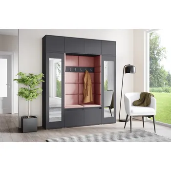 Předsíňová stěna Eka Předsíňová stěna s čalouněnými panely Trinity 32 - Grafit / Tmavá růžová 2323