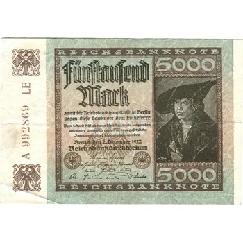 NĚMECKO. 5.000 Mark. Ro. 80d. 2.12.1922. Série LE/A. VZ: trny.