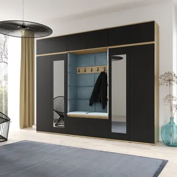 Předsíňová stěna Eka Předsíňová stěna s čalouněnými panely Trinity 17 - Dub Artisan s černou / Světlá modrá 2322