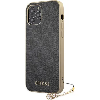 Telefonní příslušenství Guess 4G Charms Zadní Kryt pro iPhone 12/12 Pro 6.1 Grey Guess 4G Charms prémiový ochranný kryt telefonu v kombinaci zadní strany s potažená látkou s motivem Guess, pružnými PU boky a atraktivním pří