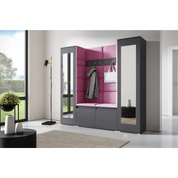 Předsíňová stěna Eka Předsíňová stěna s čalouněnými panely Trinity 31 - Grafit / Růžová 2310