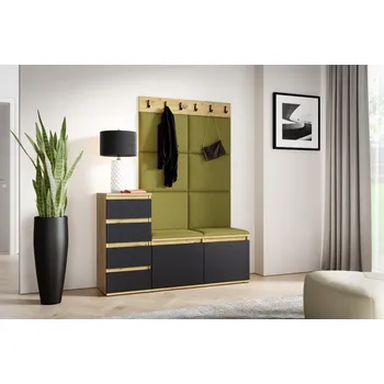 Předsíňová stěna Eka Předsíňová stěna s čalouněnými panely Trinity 34 - Dub Artisan s černou /Khaki zelená 2327