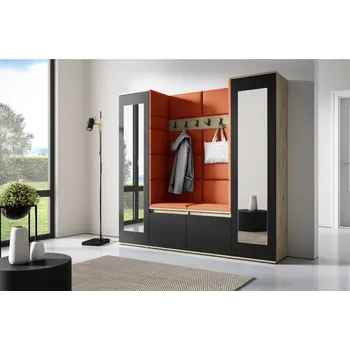 Předsíňová stěna Eka Předsíňová stěna s čalouněnými panely Trinity 31 - Dub Artisan s černou / Okrová 2325