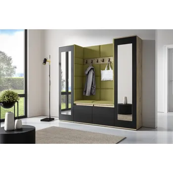 Předsíňová stěna Eka Předsíňová stěna s čalouněnými panely Trinity 31 - Dub Artisan s černou / Khaki zelená 2327