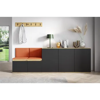 Předsíňová stěna Eka Předsíňová stěna s čalouněnými panely Trinity 35 - Dub Artisan s černou / Okrová 2325